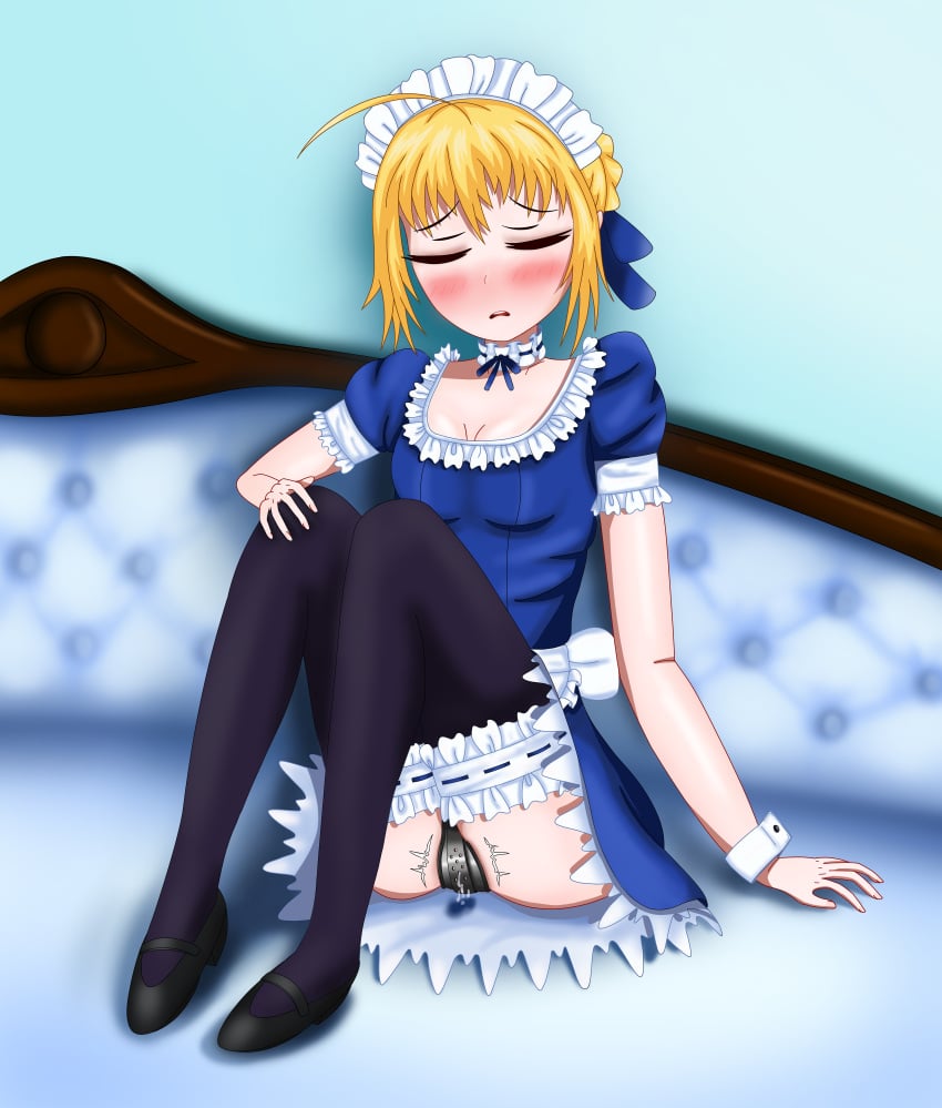 1girls absurdres artoria_pendragon_(fate) blonde_hair chastity chastity_belt chastity_device choker dress fate/stay_night fate_(series) female female_chastity female_only fully_clothed highres maid maid_headdress maid_uniform non-web_source saber_(fate) snowwart stockings tagme uniform