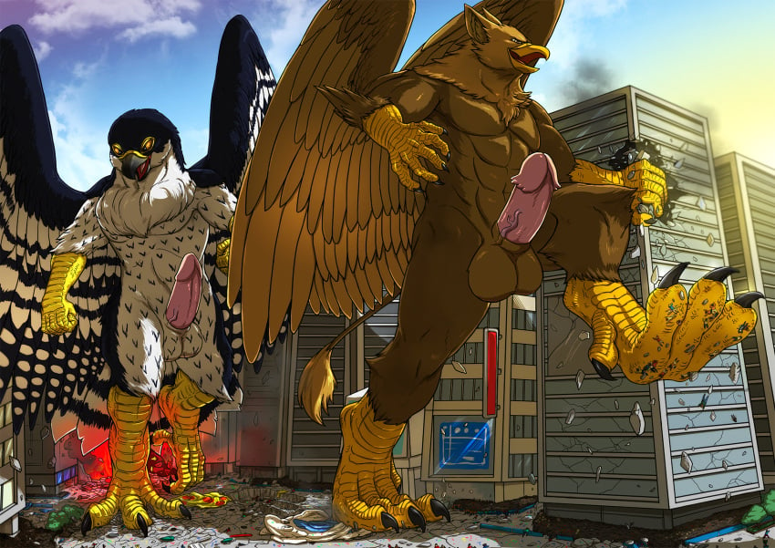 2anthro 2boys 3_toes 4_toes 5_fingers affront_to_nature anthro avian balls barbed_corona_glans black_body black_fur brown_body brown_fur carpo city claws corvidius_(character) destruction duo erection feathered_wings feathers fur genitals gryphon humanoid_genitalia humanoid_penis macro male male_only micro multicolored_body multicolored_feathers multicolored_fur multicolored_wings muscular muscular_male mythological_avian mythological_creature mythology nude penis rampage stomping tail talons tatugon testicles white_body white_fur wings yellow_eyes