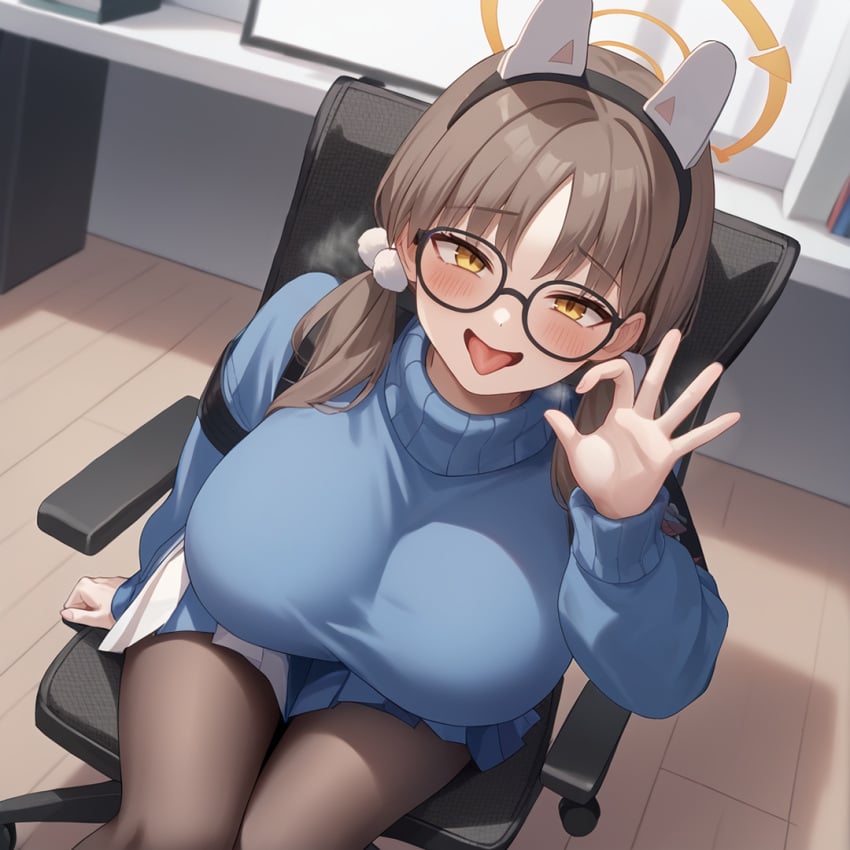 ai_generated blue_archive blush brown_hair glasses halo handjob_gesture huge_breasts kao140522 moe_(blue_archive) sitting_on_chair steaming_body tongue_out yellow_eyes