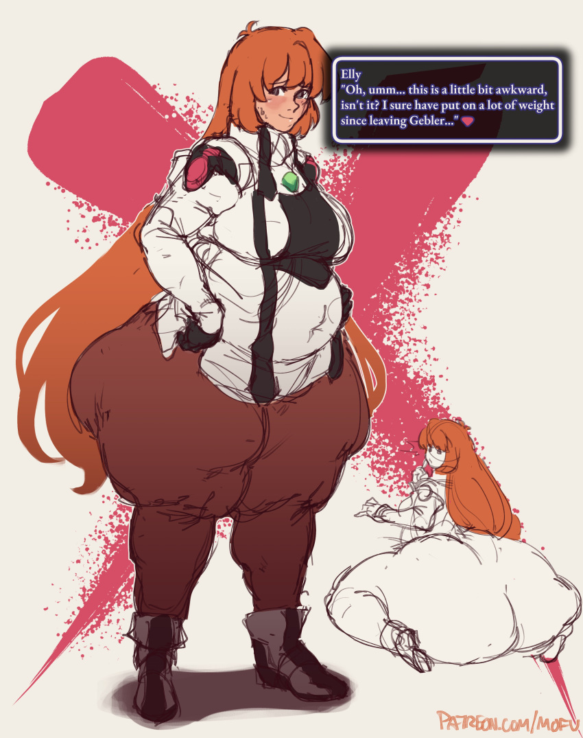 1girls ass belly big_thighs cellulite elhaym_van_houten female huge_ass mofuuwafuwa orange_hair text text_bubble thick_thighs thighs xenogears