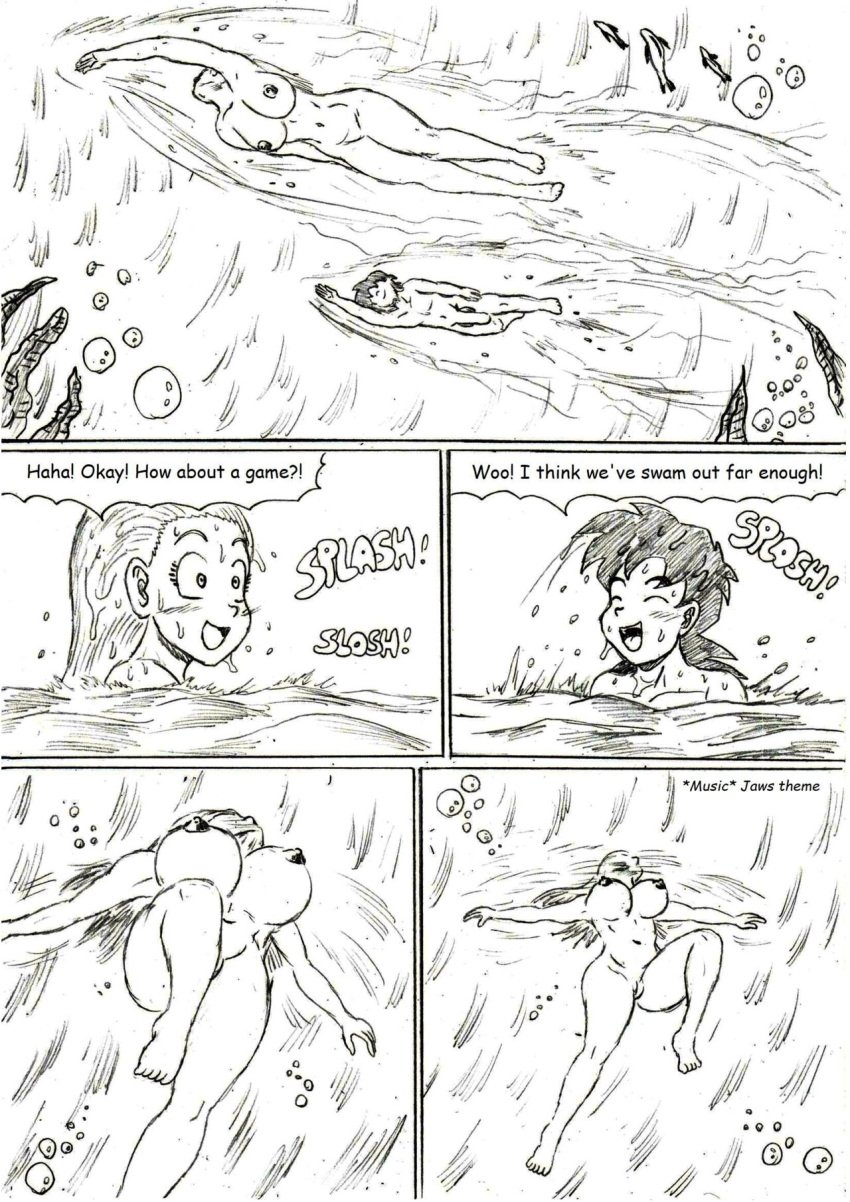 1boy 1girls big_breasts black_and_white breasts dragon_ball_z jaws_(film) maron nude_female nude_male ocean parody partially_submerged pov scene_interpretation sea skinny_dipping son_gohan son_gohan_(young) swimming thewritefiction underwater underwater_view water wet wet_body