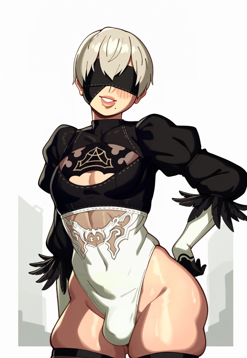 1boy ai_generated balls_under_clothes blindfold blush bulge copernicus crossdressing femboy leotard light-skinned_male light_skin male male_only nier nier:_automata rizdraws_(ai_style) short_hair solo thick_thighs thighhighs trap white_hair yorha_2b_(cosplay) yorha_9s