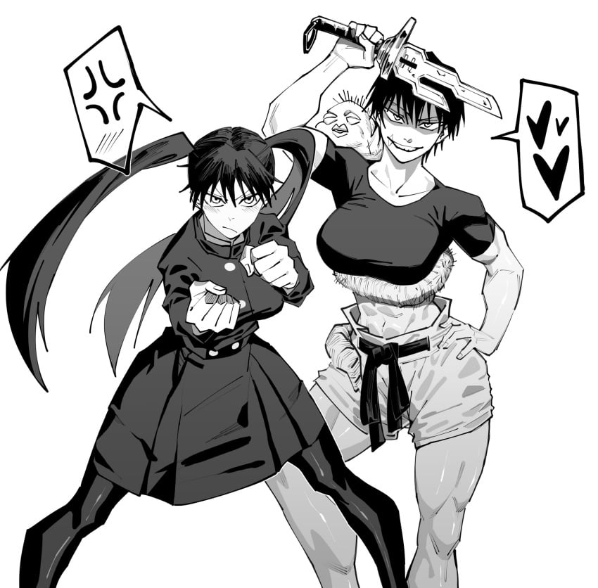 2girls abs arm_up big_breasts black_and_white black_hair black_shirt blush_lines clenched_hands dingotoad duo fighting_stance fit fit_female frown fushiguro_megumi genderswap_(mtf) hand_on_hip hearts jujutsu_kaisen knife large_breasts long_hair looking_at_viewer medium_skirt midriff monochrome mother_and_daughter muscular muscular_female posing rule_63 scar short_hair shorts simple_background smiling smirk smirking_at_viewer standing sword thick_thighs thighs toji_fushiguro twintails very_short_hair weapon white_background worm