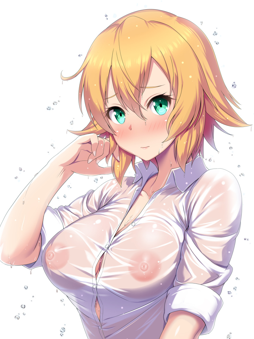 absurdres areolae bangs blonde_hair blush breasts bursting_breasts cleavage closed_mouth collarbone collared_shirt covered_nipples embarrassed eyebrows_visible_through_hair female green_eyes hair_between_eyes hand_up highres kawase_seiki kotone_takemiya large_breasts looking_at_viewer nipples no_bra no_bra_under_clothes paid_reward philia see-through shirt short_hair simple_background smile solo sword_art_online underwear water_drop wet wet_clothes white_background white_shirt