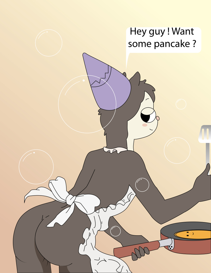 anthro apron ass bubbles cartoon_network cooking hbo_max hedgehog hedgehog_(summer_camp_island) looking_back pancake summer_camp_island tagme text text_bubble