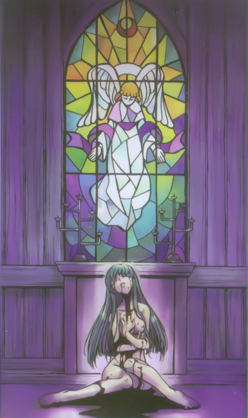 1girls blood breasts c.c. church closed_eyes code_geass female green_hair high_resolution kimura_takahiro nipples nude ookouchi_ricca pain sitting solo stained_glass window