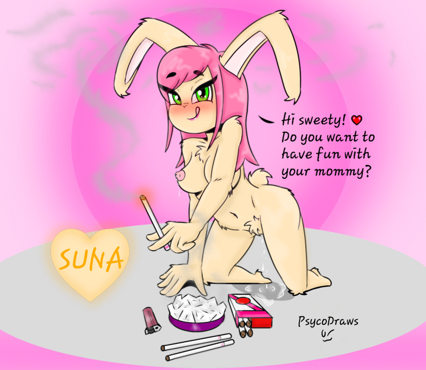 ashtray breasts bunny bunny_girl cigarette cigarette_pack cigarettes dialogue female female_only fetish furry furry_only milf milk mother nipples original original_character psycodraws pussy_juice smoke smoking smoking_fetish suna_(psyco) text wet wet_pussy