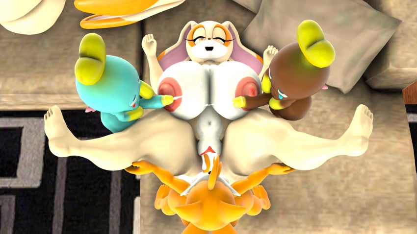 3d 5_fingers anthro ass blueapple chao_(sonic) cheese_the_chao chocola_the_chao closed_eyes cream_the_rabbit cum cum_in_pussy cum_on_breasts cumshot feet female fingers legs_up long_ears lying male male/female mutual_orgasm orange_body penis rabbit sex sonic_(series) spread_legs tails tan_body vaginal_penetration vanilla_the_rabbit white_body