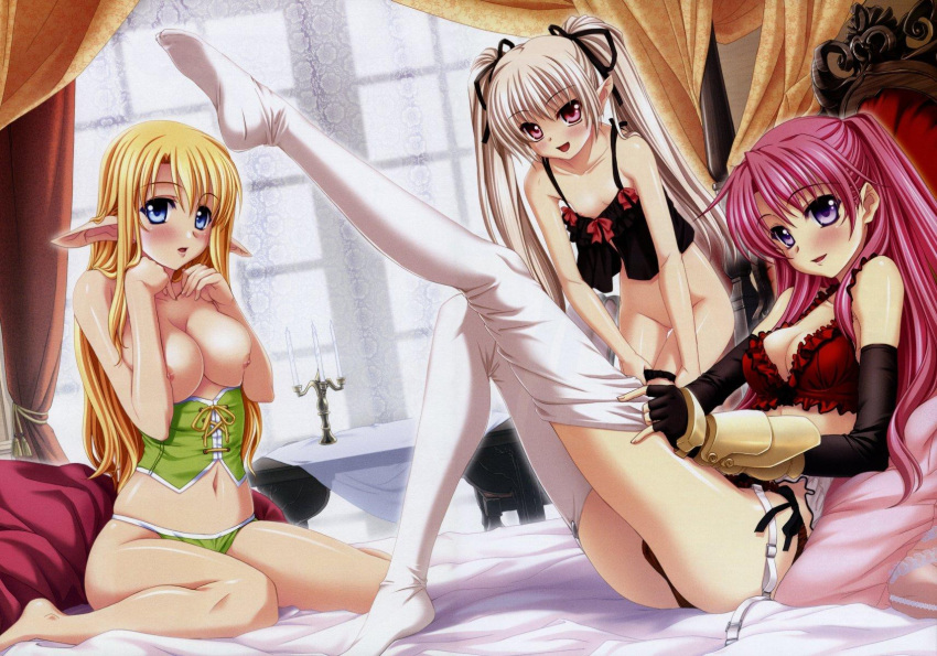 3girls barefoot bed blonde_hair blush bow bra breasts cleavage corset crin elbow_gloves elf fata feet flat_chest garter_straps highres kannatsuki_noboru leg_up legs lingerie long_hair long_legs maou_to_odore!_ii marie_grenoble midriff multiple_girls nipples no_panties no_shoes panties pink_hair pointy_ears soles thighhighs thighs tied_hair twintails underwear undressing white_hair white_legwear