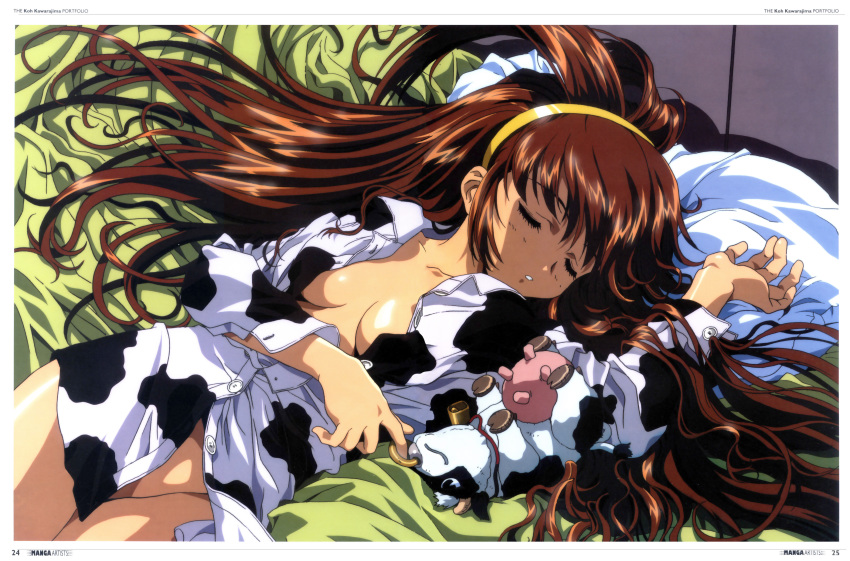 battle_athletes bed blush bottomless bovine breasts brown_hair closed_eyes clothing hairband high_resolution kanzaki_akari kawarajima_kou long_hair lying medium_breasts no_bra no_panties open_clothes open_shirt pajamas pillow scan sleeping stuffed_animal stuffed_toy wallpaper widescreen