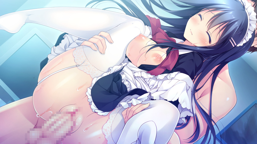 alcot_honeycomb breasts censored game_cg kimi_no_tonari_de_koishiteru! kimi_no_tonari_de_koishiteru!_~the_respective_happiness~ maid motomiya_mitsuki nipples no_bra open_clothes open_shirt penis pussy sex shirt stockings thighhighs