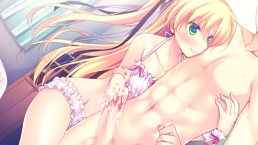 alcot_honeycomb censored chibana_ryoka cum game_cg handjob kimi_no_tonari_de_koishiteru! kimi_no_tonari_de_koishiteru!_~the_respective_happiness~ lingerie motomiya_mitsuki panties penis