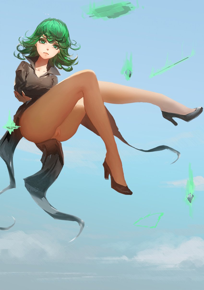 1girls blackrabbitsoul dress female female_only green_hair heels high_heels nopan one-punch_man pussy solo tatsumaki