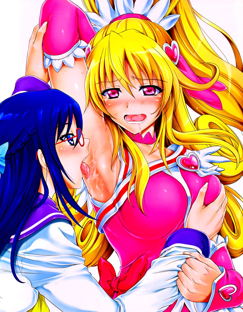 aida_mana blush breast_grab clothing cum cyclone dokidoki!_precure glasses hishikawa_rikka medium_breasts megane pretty_cure reizei seifuku yuri