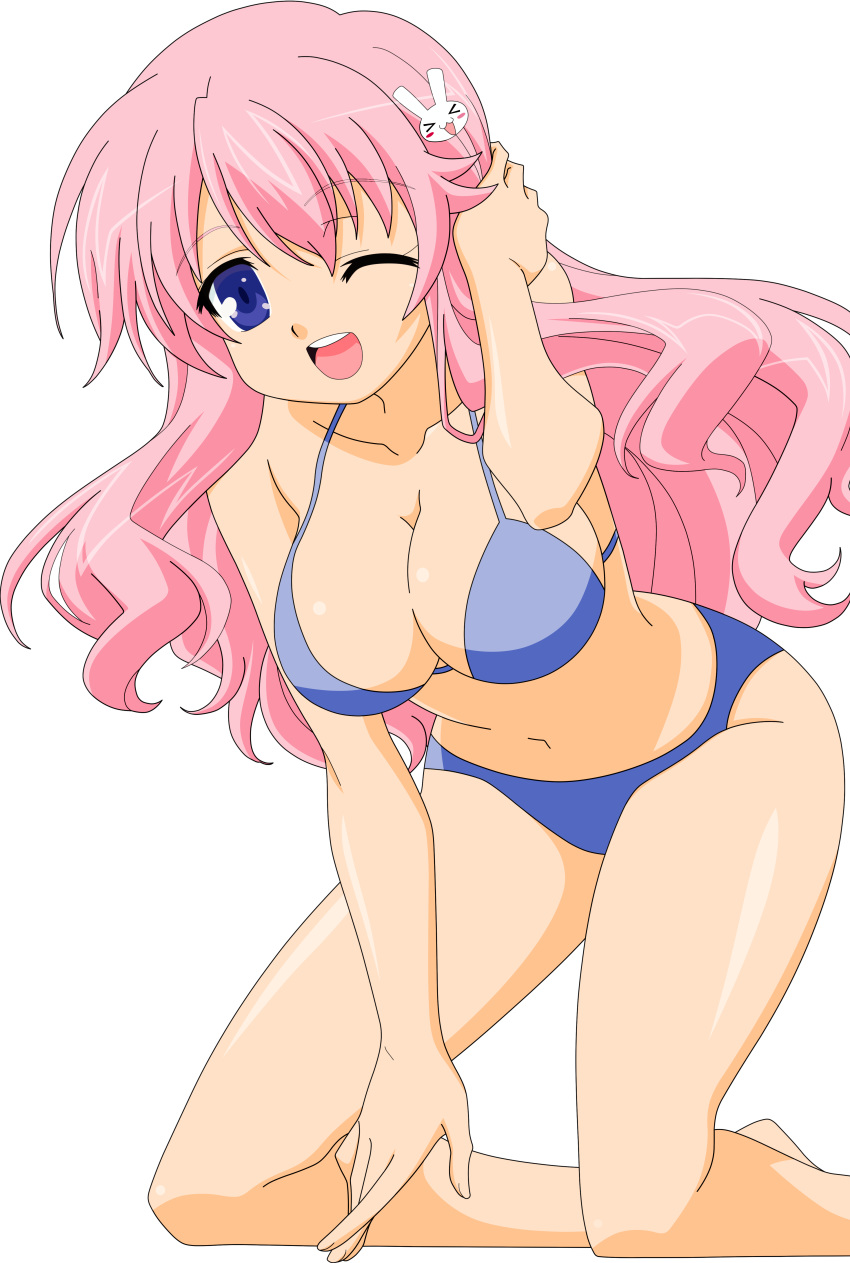 absurdres artist_request baka_to_test_to_shoukanjuu bare_midriff bikini blue_eyes breasts busty cleavage female female hair_ornament hairclip highres himeji_mizuki hips large_breasts legs long_hair looking_at_viewer mound_of_venus navel open_mouth photoshop pink_hair smile solo standing swimsuit thighs tongue transparent_background uncensored vector_trace wink