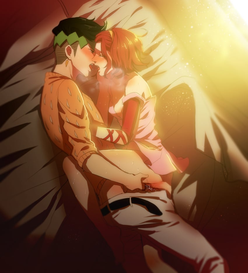 1boy 1boy1girl 1girls ass bed blush cleavage clothed clothed_sex cum diamond_is_unbreakable dress female jojo's_bizarre_adventure male no_bra nopan open_clothes open_shirt penis pussy reimi_sugimoto rin2010 rohan_kishibe sex shirt straight unbuckled_belt