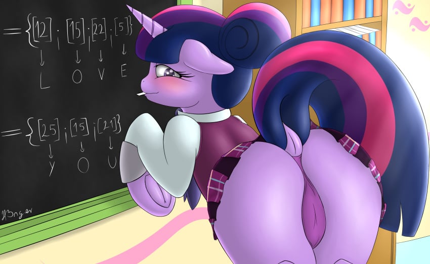 1girls anthro ass bent_over blackboard blush book cameltoe chalk chalkboard classroom equine female friendship_is_magic h3nger horn horse indoors inside long_hair looking_at_viewer looking_back mouth_hold multicolored_hair my_little_pony necktie panties pony presenting purple_eyes purple_fur purple_panties purple_skin schoolgirl skirt smile twilight_sparkle_(mlp) unicorn upskirt