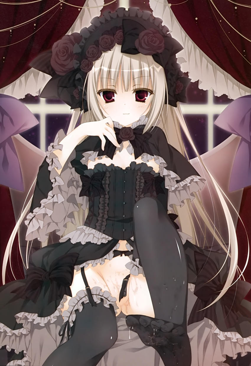 cum dress feet garter_belt gothic_lolita inugami_kira lolita_fashion nopan pussy stockings thighhighs