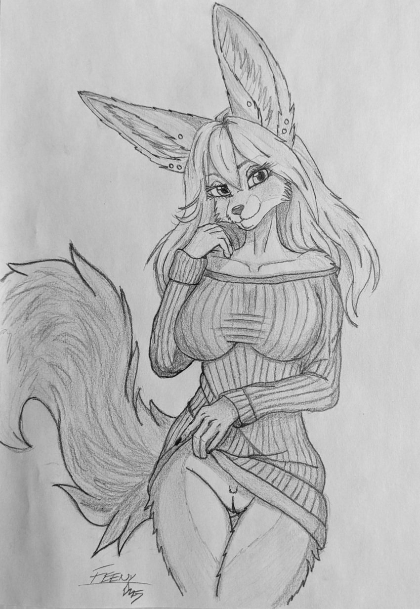 anthro big_tail bottomless canid canine clothed clothing ear_piercing ear_stud feeny feeny_(omgawd) female fennec_fox fluffy fox genitals good_girl graphite_(artwork) hi_res long_ears looking_at_viewer mammal monochrome omgawd peek pencil_(artwork) piercing portrait pussy solo stud_piercing sweater sweater_dress tail teasing three-quarter_portrait topwear traditional_media_(artwork) true_fox