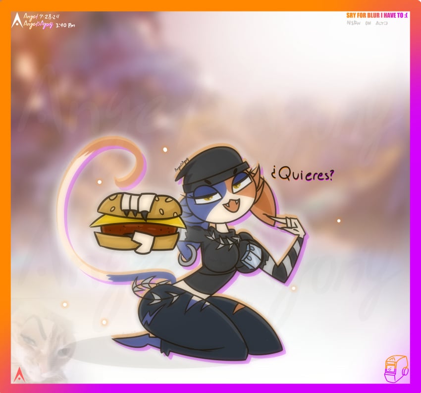 2d 2d_(artwork) agonywelds anthro ass beanie blurry_background burger cat_ears catgirl feline fortnite furry glowing goth looking_at_viewer meme meow_skulls_(fortnite) pointing text thick_ass thick_thighs thighs