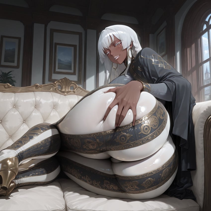 1girls absurd_res ai_generated ass ass_spread bell_bottoms_(pants) brigitta_lycaon dark-skinned_female flare_pants forbidden_pants hand_on_butt high_heels huge_ass laying_down liu_(artist) looking_at_viewer metaphor:_refantazio mound_of_venus on_couch on_side seductive seductive_look seductive_smile solo solo_female tight_clothing tight_pants voluptuous voluptuous_female white_eyelashes white_hair white_lipstick winking_at_viewer