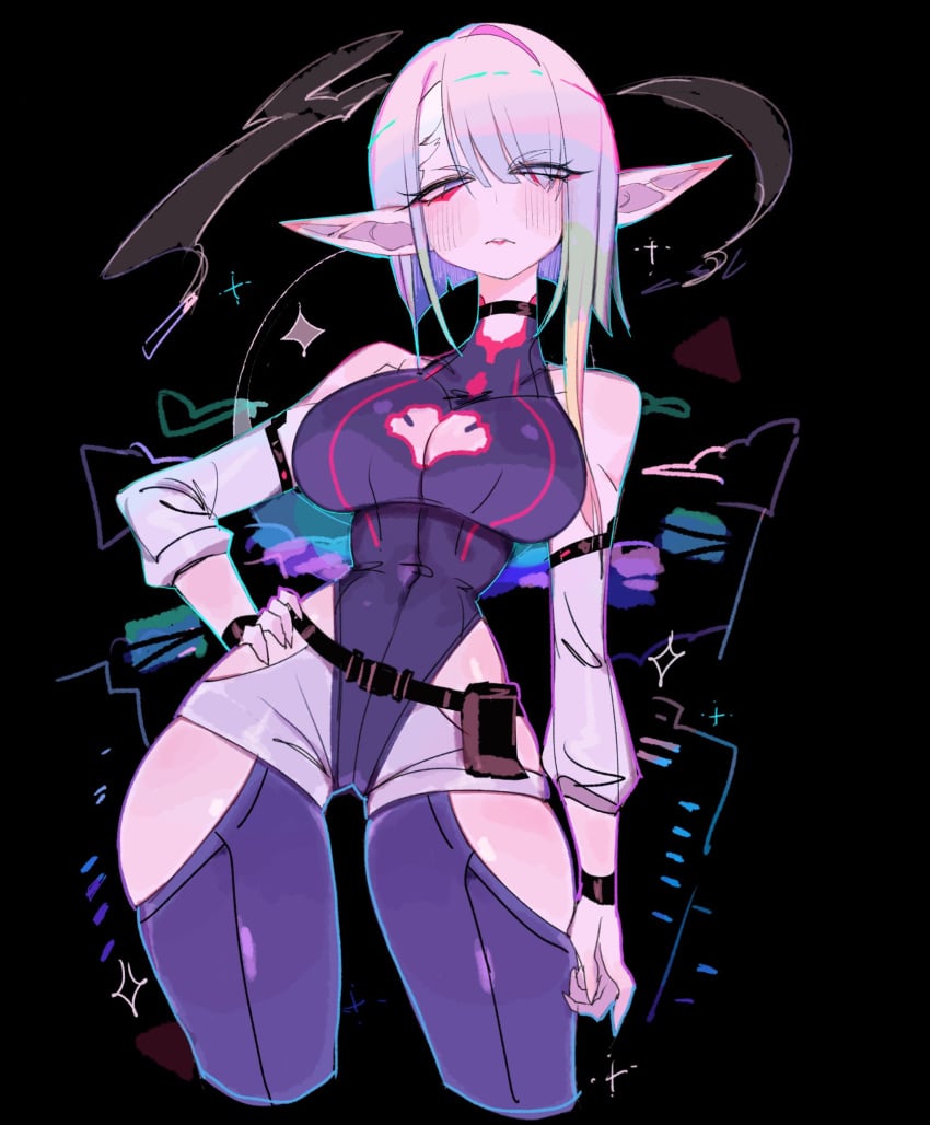 1girls asian_female big_breasts breasts cyberpunk:_edgerunners cyberpunk_2077 elf_ears elf_female hand_on_hip looking_at_viewer lucyna_kushinada multicolored_hair pointy_ears skindentation solo_focus thick_thighs thighs usa37107692