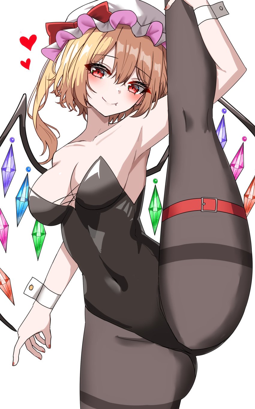 1girls big_ass big_breasts blonde_hair blush bunnysuit cleavage female flandre_scarlet gems hat headwear hearts holding_leg_up kiui_(dagk8254) leg_up leotard nail_polish oerba_yun_fang ponytail red_eyes red_nail_polish smile smiling_at_viewer solo splits touhou vampire vampire_girl white_background wings