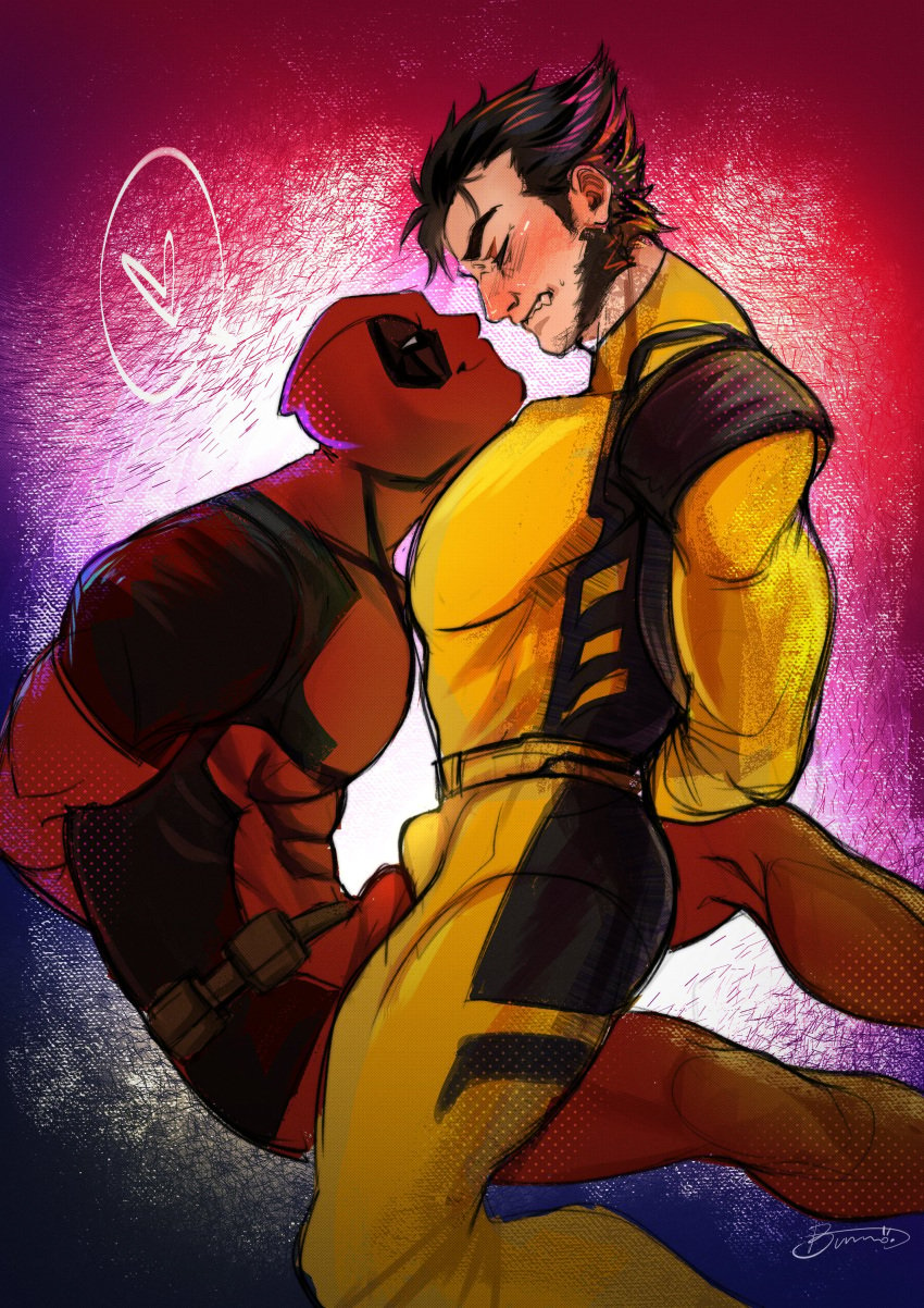 2boys arms_behind_back blush bodysuit bound_arms brown_hair bulge bulge_frottage deadpool deadpool_&amp;_wolverine_(2024) erection_under_clothes gay little_bunno male male/male marvel marvel_comics mask muscular_male pectorals short_hair smile superhero wolverine_(x-men) x-men yaoi