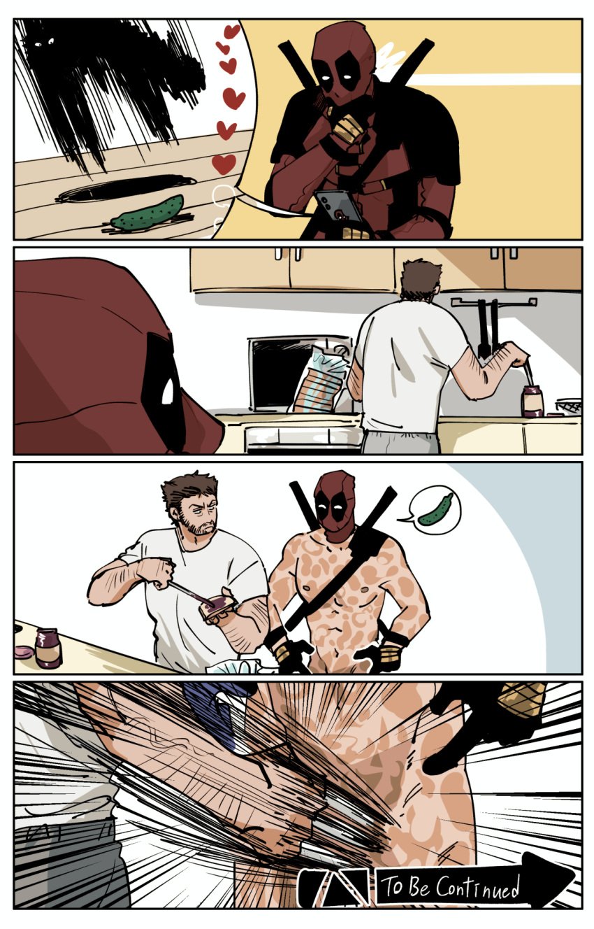 2boys brown_hair cellphone claw_(weapon) cucumber deadpool deadpool_&_wolverine_(2024) feline gay holding_phone iji_1228 kitchen logan_(x-men) marvel marvel_comics nipples nude pectorals sandwich scar shirt short_hair smartphone superhero_costume to_be_continued_meme violence wade_wilson wolverine_(x-men) x-men yaoi