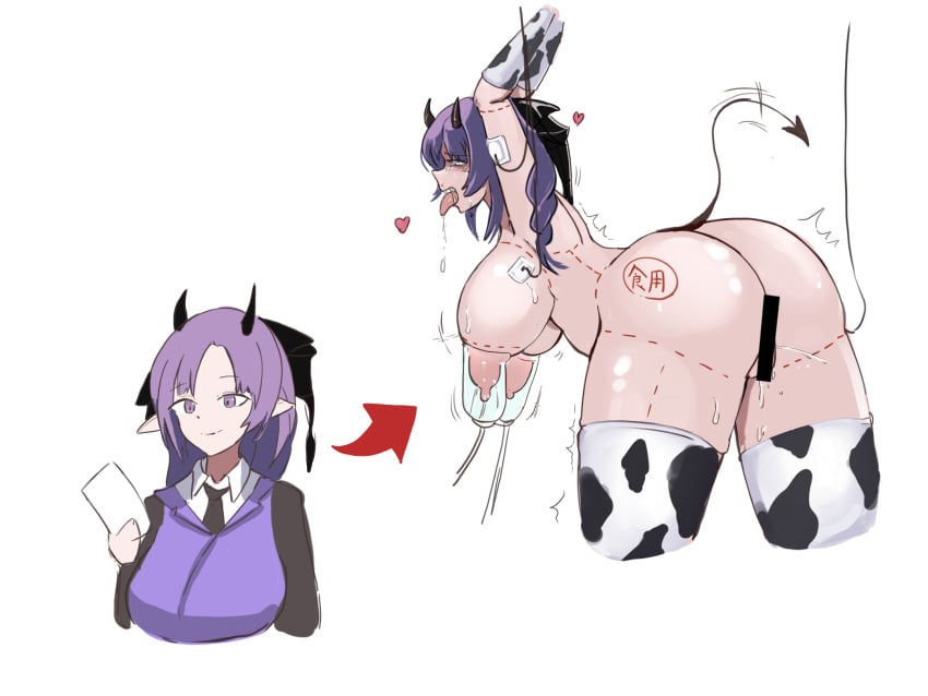 2koma arknights before_and_after big_breasts body_writing cow_print drool enslaved female female_only femsub heart hibiscus_(arknights) hucow implied_transformation lactating lactation milk milk_squirt milking milking_breasts milking_machine open_mouth tagme tongue tongue_out transformation