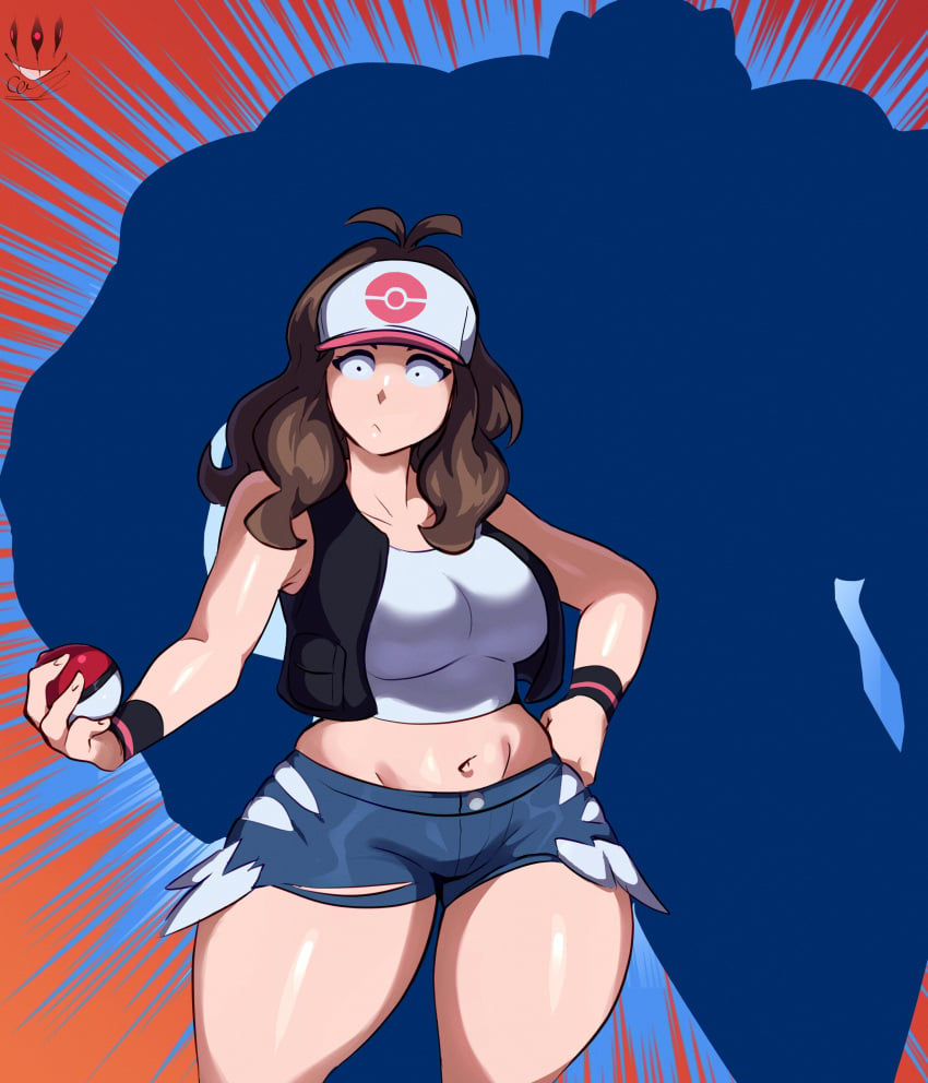 belly belly_button breasts citez_guy cleavage clothed clothing creatures_(company) crop_top eyebrows eyelashes eyes game_freak generation_1_pokemon hair hat hilda_(pokemon) hips jean_shorts jeans machoke nintendo pokémon_(species) poke_ball pokemon pokemon pokemon_(species) pokemon_bw pokemon_rgby pokemon_trainer wide_hips