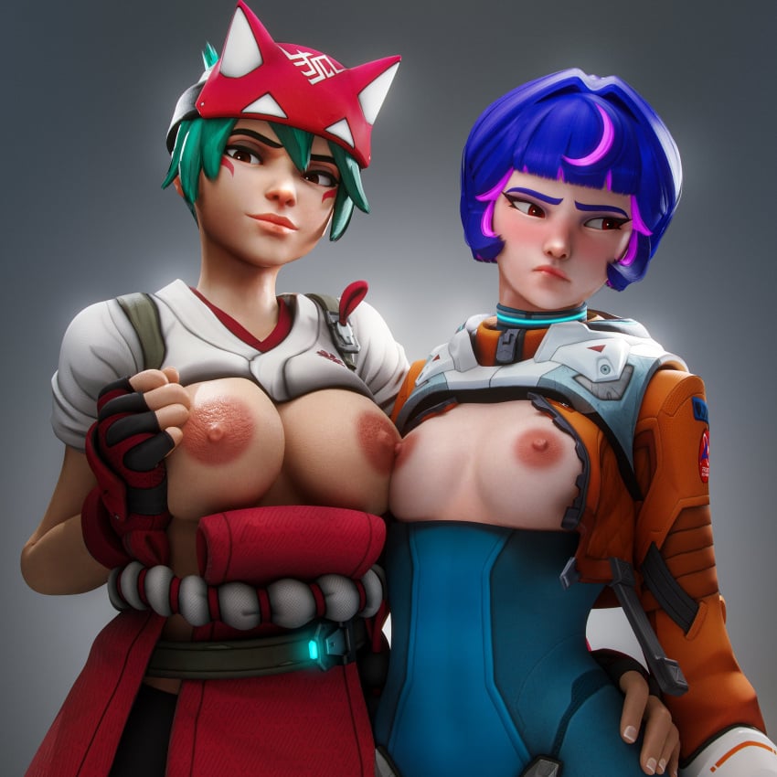 2girls 3d breast_envy breast_size_difference eclair_stones eclairstones jealous juno_(overwatch) kiriko_(overwatch) medium_breasts medium_hair overwatch overwatch_2 pale-skinned_female pale_skin pink_hair purple_hair two_tone_hair