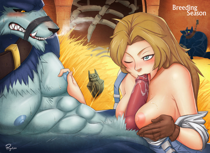 2boys abs anthro_on_female anthro_on_human anthro_penetrating anthro_penetrating_female anthro_penetrating_human blonde_hair blue_fur blush breasts breeding_season canine clothing collar color cum domination fangs fellatio female female_breeder female_penetrated femdom fur gloves hair human human_female interspecies male mammal nipple_pinch nonhuman_male_on_human_female one_eye_closed oral overalls paizuri penis pigutao sex straight tongue wink wolf