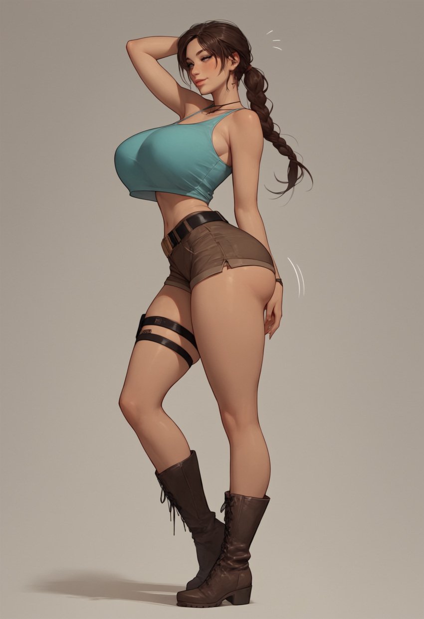 1girls ai_generated braided_hair breasts brown_eyes brown_hair bubble_butt cleavage edenaiart female female_only lara_croft lara_croft_(classic) long_hair massive_breasts nice_ass shorts slim_waist solo solo_female tank_top tomb_raider