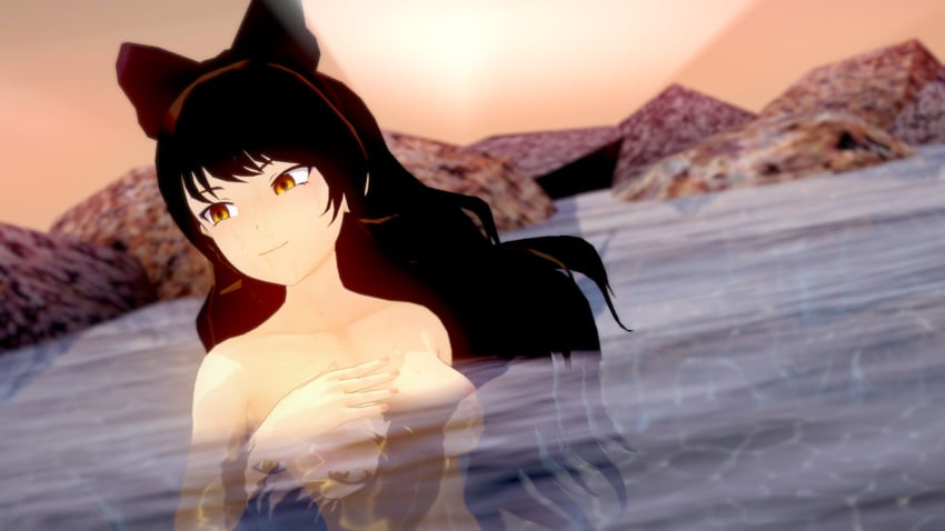 3d bathing black_hair blake_belladonna bow breasts catgirl color completely_nude_female convenient_censorship digital_media_(artwork) faunus female female_focus female_only kemonomimi logang45 long_hair medium_breasts nude nude_female painted_nails rock rocks rwby smiling source swimming tagme toned toned_female water yellow_eyes