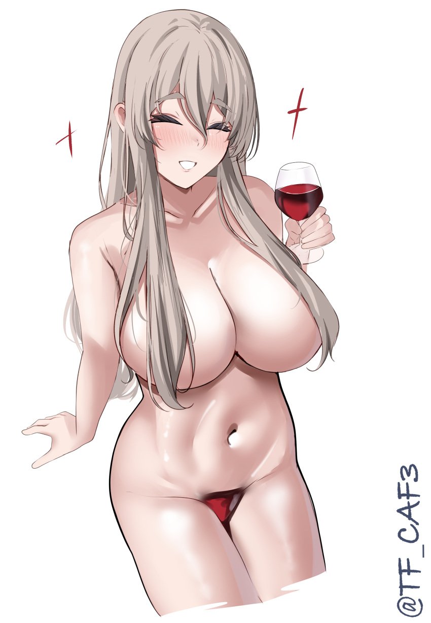 absurdres alcohol blush breasts closed_eyes covered_nipples cropped_legs cup drinking_glass drunk female female_only grey_hair hair_between_eyes highres kantai_collection large_breasts long_hair looking_at_viewer nude one-hour_drawing_challenge open_mouth pola_(kantai_collection) simple_background sitting smile solo solo_female sparkle tf_cafe thick_eyebrows twitter_username wakamezake wavy_hair white_background wine