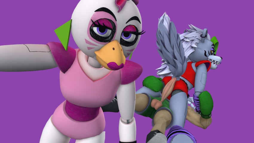 1boy 2girls 3d 3d_(artwork) animatronic bird boxers boxing_gloves crossover eastern_and_western_character female five_nights_at_freddy&#039;s five_nights_at_freddy&#039;s:_security_breach furry furry_female furry_tail glamrock_chica_(fnaf) horn human little_mac male muscular muscular_male nintendo penis punch_out robot roxanne_wolf_(fnaf) seductive sex steel_wool_studios testicles wolf