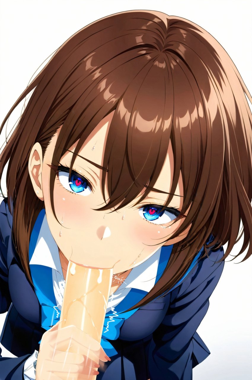 ai_generated anime_style blowjob blue_eyes blush blushing brown_hair cum_drip cum_in_mouth cum_inside female handjob jerkingoff jessica kneeling motion_blur original_character penis precum school_uniform schoolgirl short_hair sucking sucking_off sucking_penis sucking_tip swallowing swallowing_cum sweat sweating teenage_girl throbbing throbbing_penis