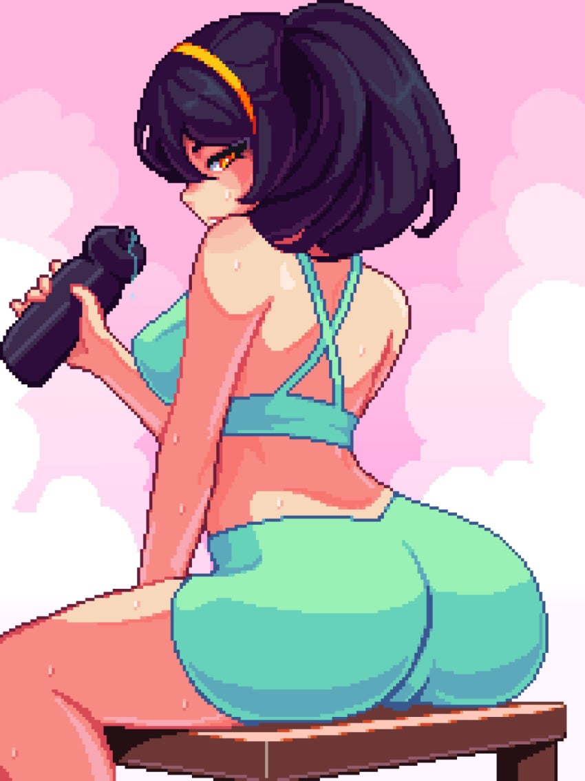 2020s 2024 amber_eyes ass_focus big_ass black_hair booty drinking_water gym_clothes hairband looking_back_at_viewer netsu_kazegawa pink_background pixel_art ponytail post_workout pussy_bulge sitting steamy sweating thick_thighs water_bottle yumykon yumyverse