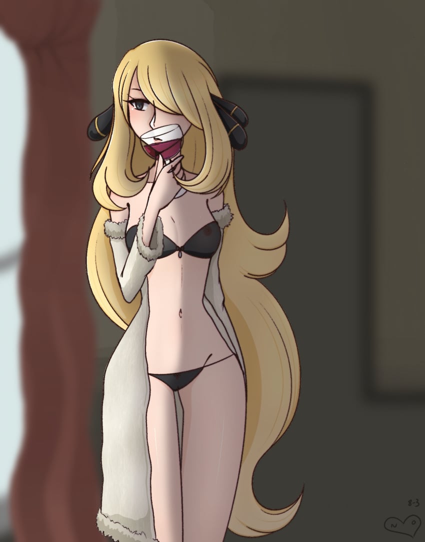 1girls 2021 bikini bikini_bottom bikini_top black_bikini black_bikini_bottom black_bikini_top blonde_hair blonde_hair_female coat coat_down coat_open cynthia_(pokemon) half_naked long_hair_female more_at_source nightowlnsfw pokemon pokemon_dppt wine wine_glass