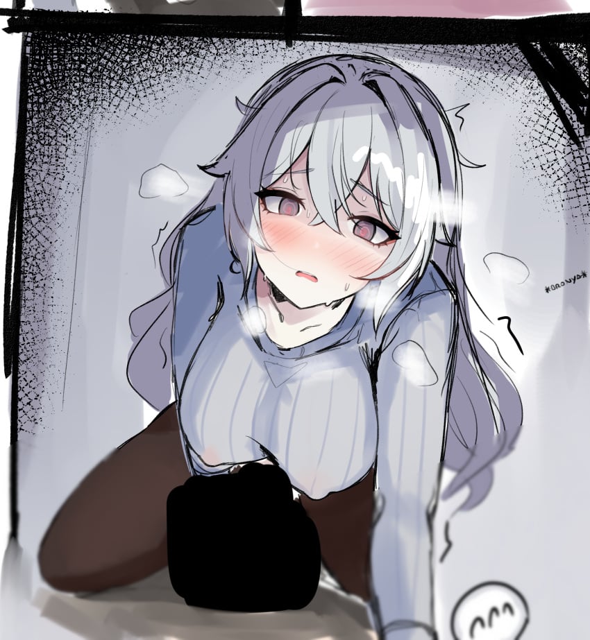 1boy @_@ adam_(honkai_impact) big_breasts blush breasts bronya_zaychik bronya_zaychik_(outstanding_attitude) bronya_zaychik_(silverwing:_n-ex) brown_pantyhose censored covered_nipples female grey_eyes grey_hair grey_sweater heavy_breathing highres honkai_(series) honkai_impact_3rd large_breasts leaning_forward long_hair long_sleeves looking_at_viewer lying mini2chainz on_back open_mouth pantyhose penis pov solo_focus straight sweater