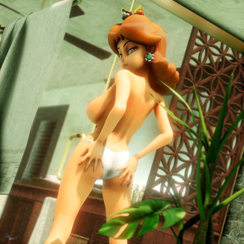 1girls 3d ass big_ass big_breasts blue_eyes breasts busty fat_ass female female_only hands_on_ass hi_res large_breasts legs looking_at_viewer looking_back mario_(series) nintendo orange_hair panties princess_daisy seductive seductive_smile short_hair sideboob smile thighs topless virtualblueam2 voluptuous