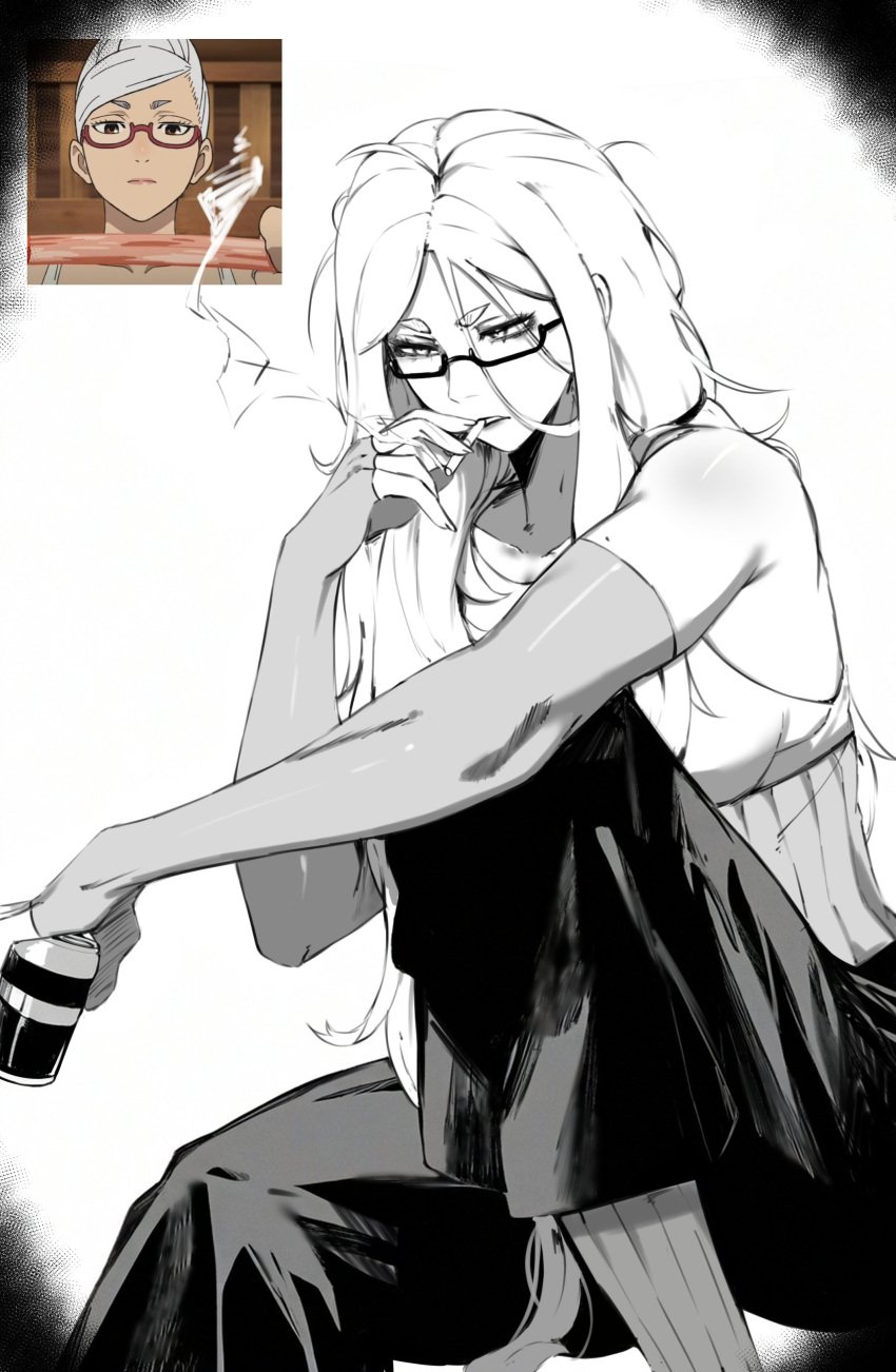 ayase_seiko beer black_and_white dandadan fanart gilf glasses long_hair masoq095 mature_female milf mommy smoking standing tomboy white_hair