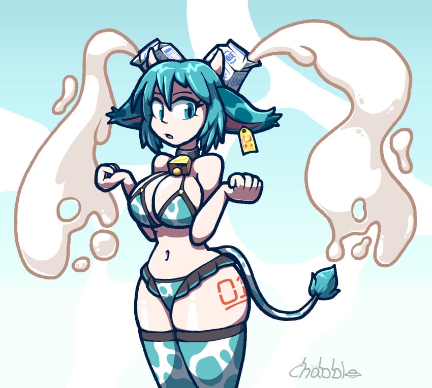 1girls chabble cow_ears cow_girl cow_horns cow_print cow_print_bikini cow_print_thighhighs cow_tail green_eyes green_hair hatsune_miku