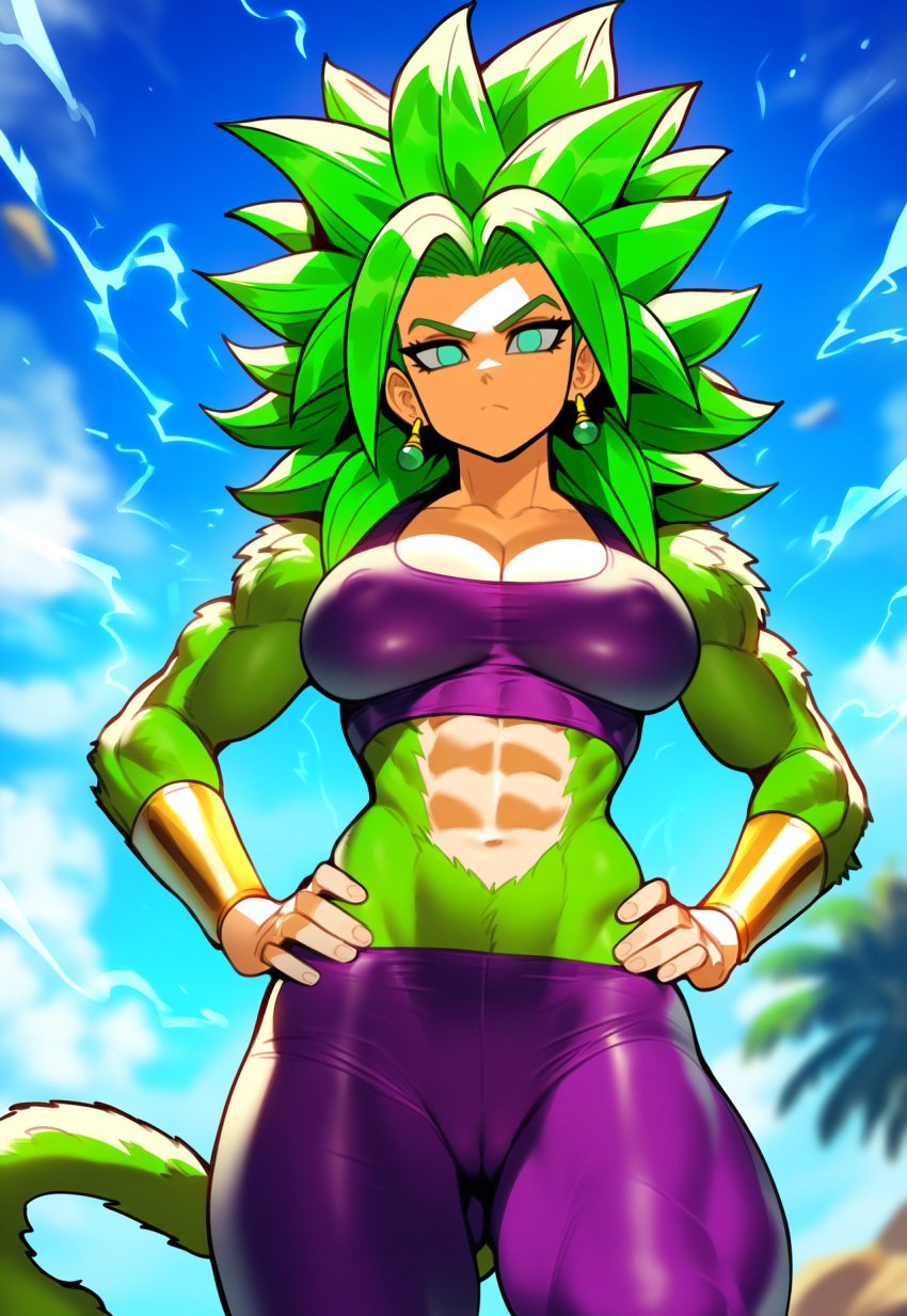 1girl abs ai_generated angry body_fur cameltoe covered_nipples dragon_ball dragon_ball_super electricity empty_eyes female_focus fur green_hair jagat_ai kefla legendary_super_saiyan leggings monkey_tail muscular_female solo solo_female spiked_hair super_saiyan super_saiyan_4 tail tank_top