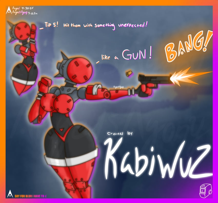 agonywelds angelsagony anthro ass bullet glock gun kabiwuz looking_at_viewer meme muzzle_flash sparbot text thick_ass thick_thighs thighs wide_hips