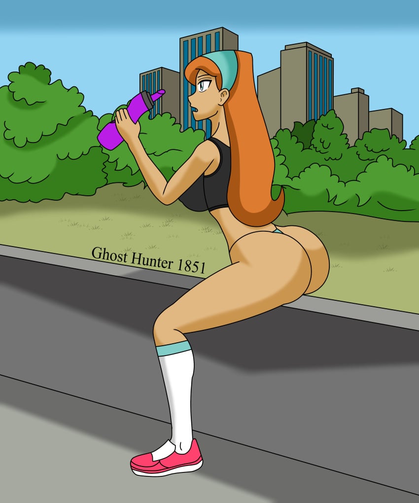 bare_arms bare_shoulders bare_thighs bottomless bubble_ass bubble_butt danny_phantom drinking female ghosthunter1851(artist) huge_ass huge_breasts jazz_fenton large_ass long_hair nickelodeon outdoors red_hair red_hair sitting sitting_down sneakers thick_ass thick_legs thick_thighs thong