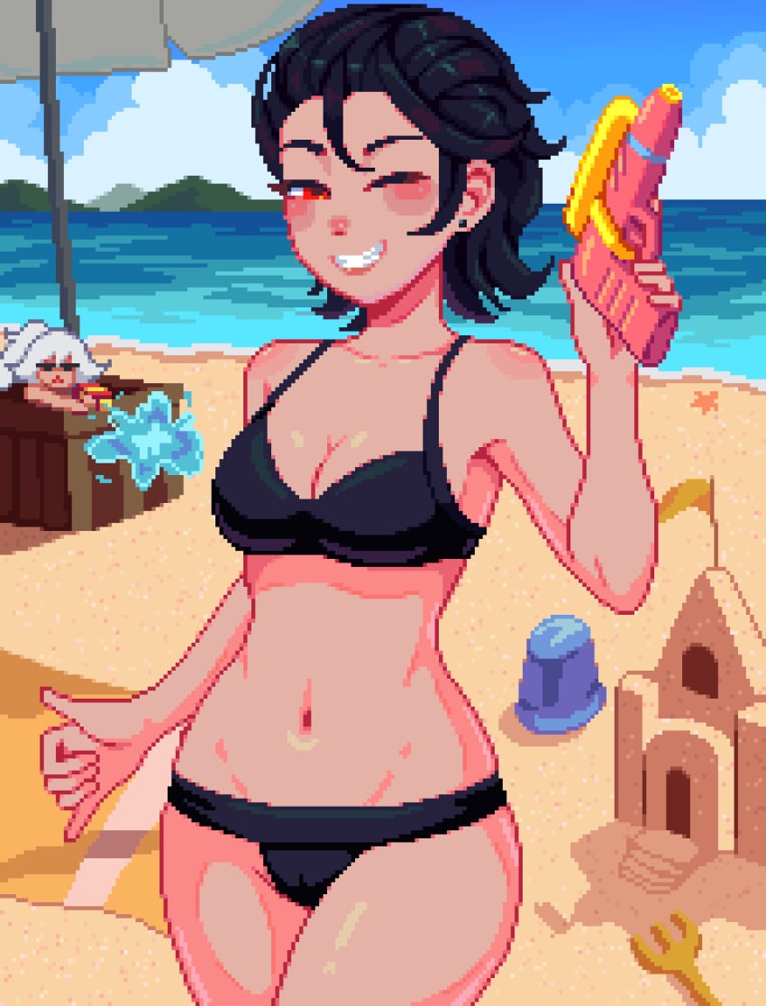 2020s 2024 2girls beach beach_towel bikini black_bikini black_hair blush breasts ear_piercing female kari_kozhevnikova legs_together moments_before_disaster mountain_range ocean one_eye_closed pixel_art red_eyes sandcastle satomi_(yumyverse) short_hair smile smile_at_viewer water_fight water_gun wide_hips yumykon yumyverse