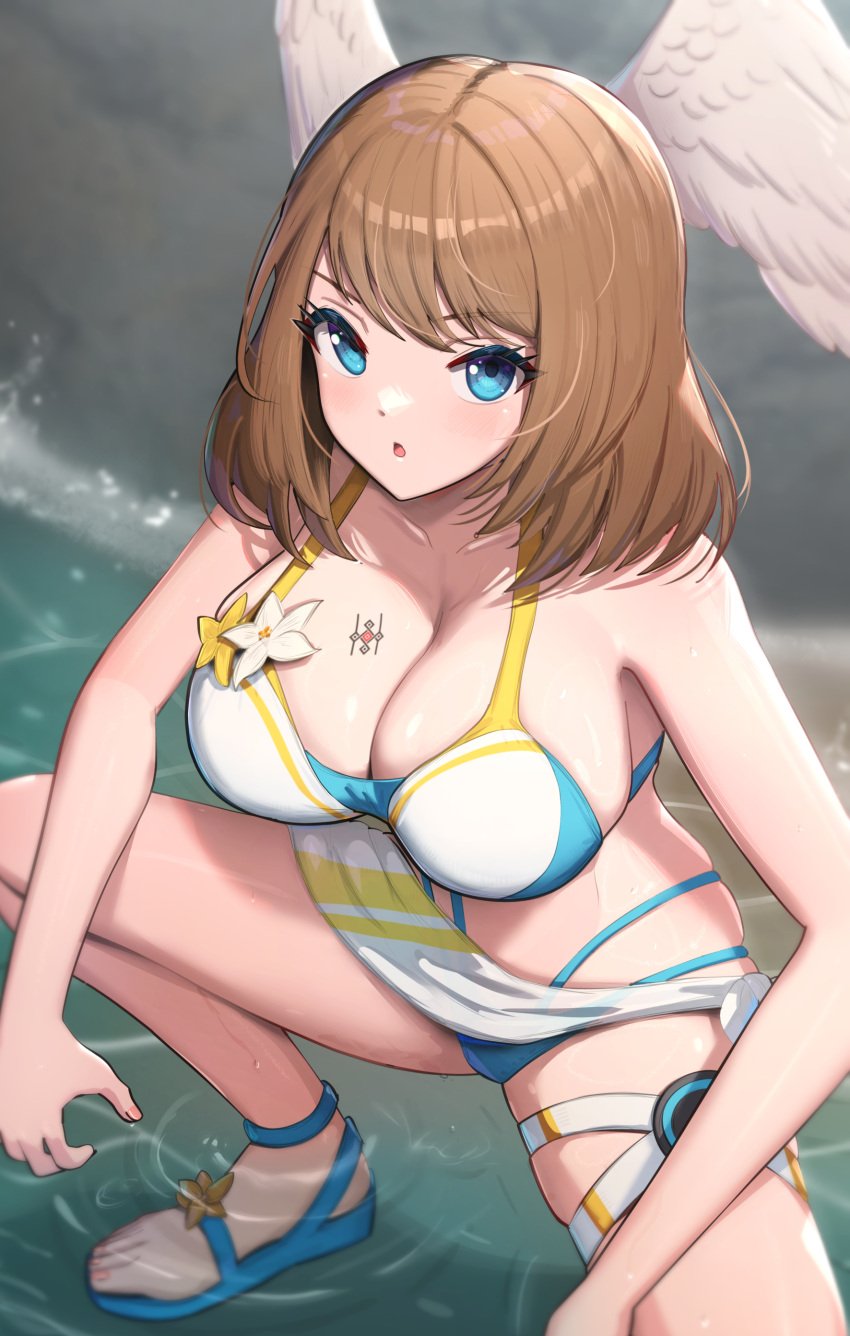 1girls absurd_res alternate_breast_size alternate_costume alternate_version_available athletic_female beach bikini blue_bikini blue_eyes blue_swimsuit breast_tattoo breasts brown_hair busty cleavage curvy eunie_(xenoblade) female female_only gonzarez head_wings highres large_breasts long_hair looking_at_viewer monolith_soft nintendo official_alternate_costume squatting swimsuit tattoo thick_thighs thighs voluptuous water wet wide_hips wings xenoblade_(series) xenoblade_chronicles_3