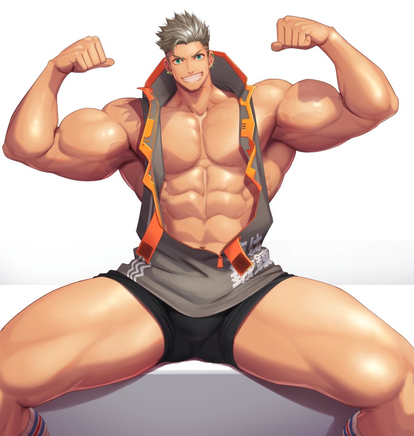 1boy abs armpits arms_up bara beard_stubble beefy biceps big_chest earrings frown gay hi_res legs_spread looking_at_viewer male male_only meisho_hanten muscles muscular muscular_arms muscular_legs muscular_male muscular_thighs original original_character pecs short_hair shorts silver_hair simple_background sitting six_pack smile socks solo spread_legs spreading_legs tattoo tattoo_on_face tattoo_on_neck teal_eyes thick_arms thick_thighs tough_guy unzipped vein vest wide_shoulders